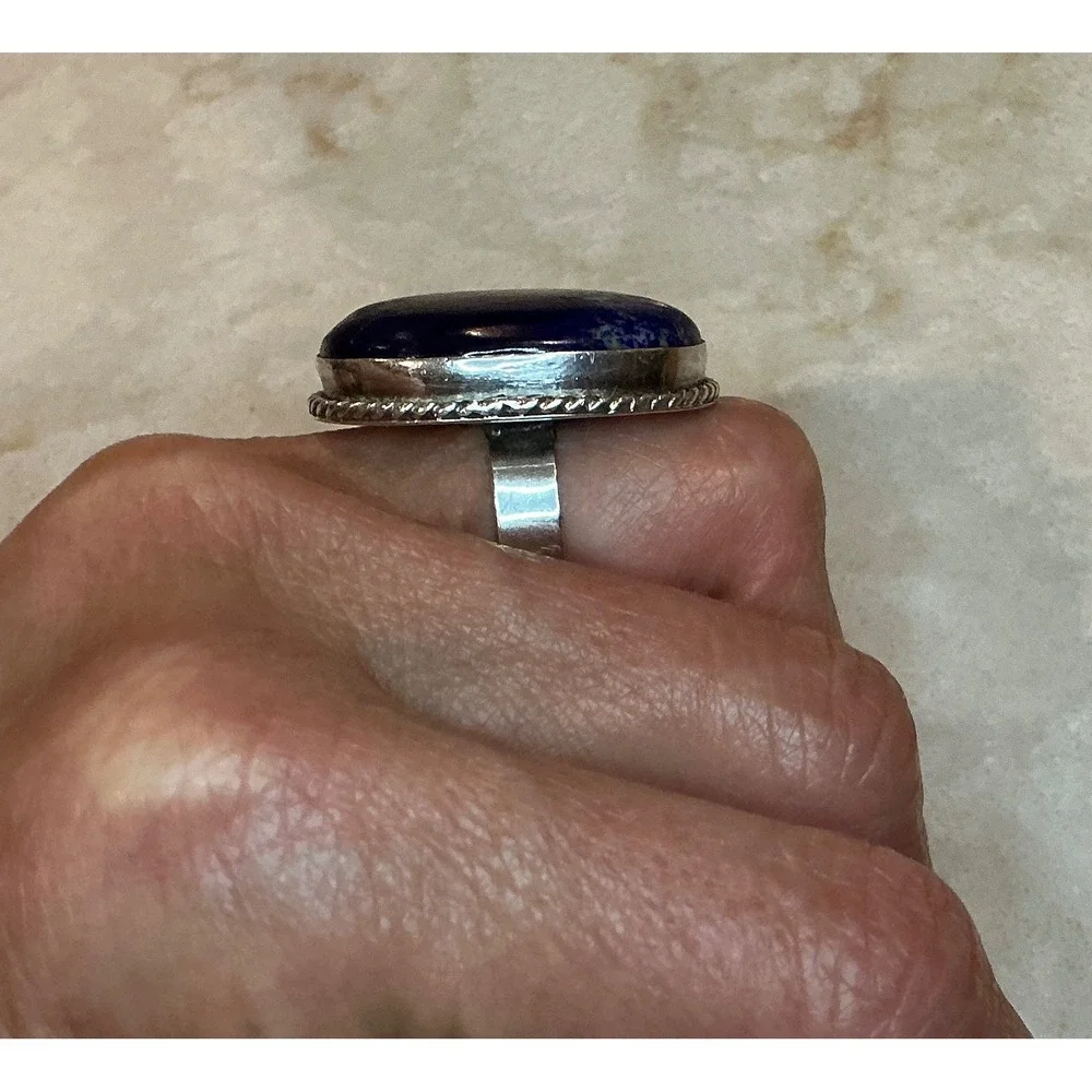 Sterling Silver 925 Lapis Lazuli Statement Ring Oval Rope Edge Band Size‎ 6.25